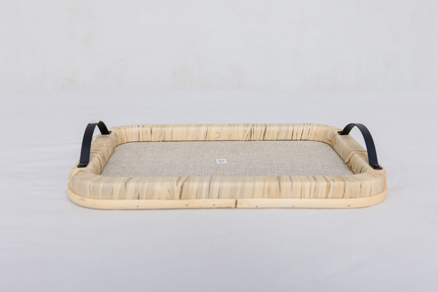 Raffia Wrapped Serving Tray with Metal Handles Boho Coffee Table Decor